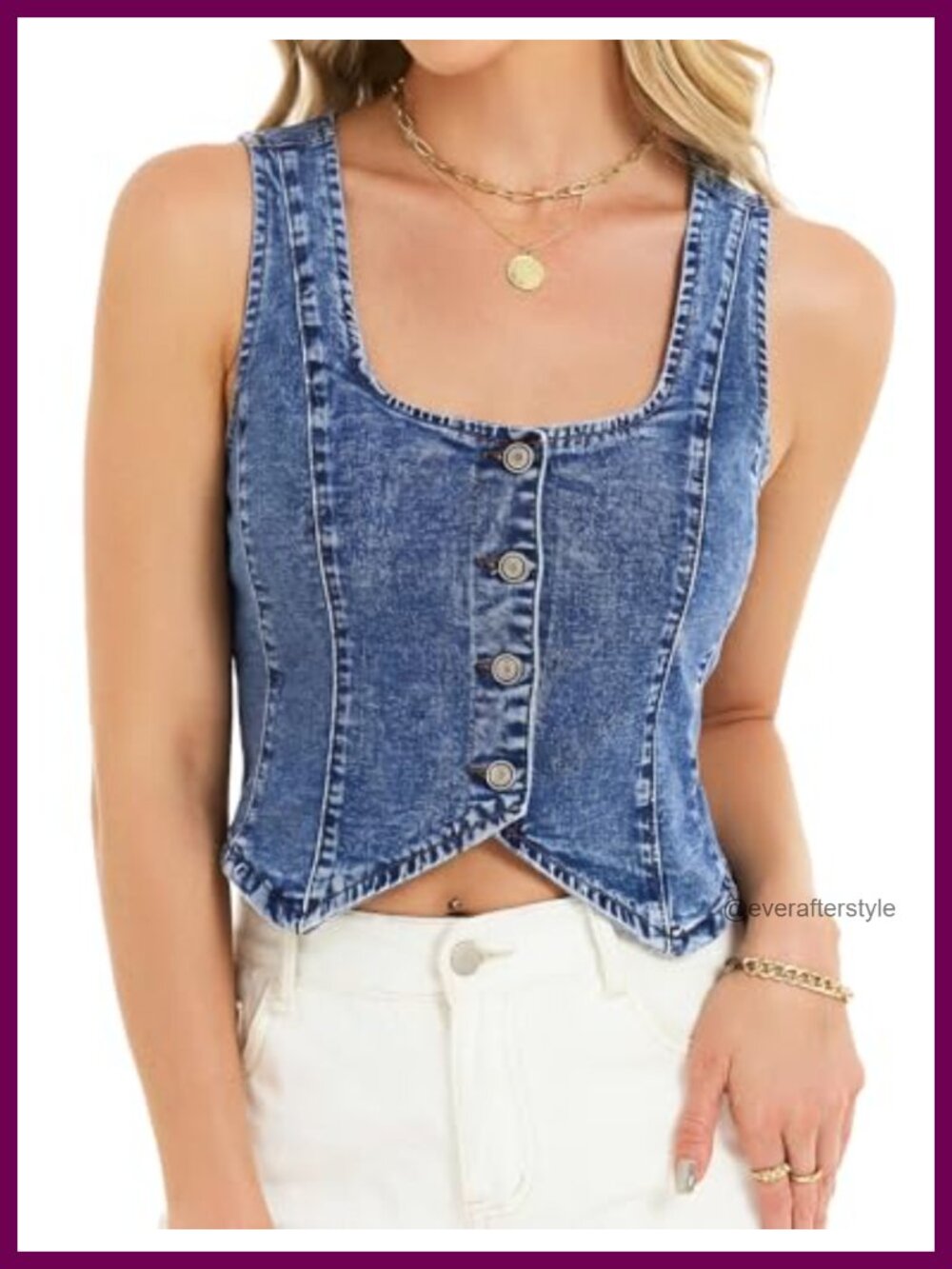 Denim Vest Top Sleeveless Square Neck Button Down Jean Waistcoat